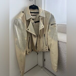 Topshop Cream Studded Leather Biker Jacket